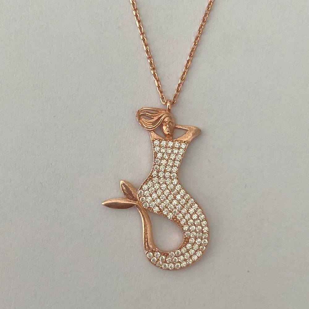 🧜‍♀️Mermaid 925 silver clear zirconia cz stones necklace 14k rose gold plated